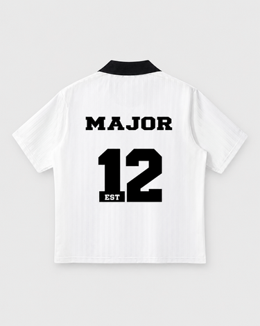 MAJOR Soccer Jersey in White with Black, back, studio product flat lay