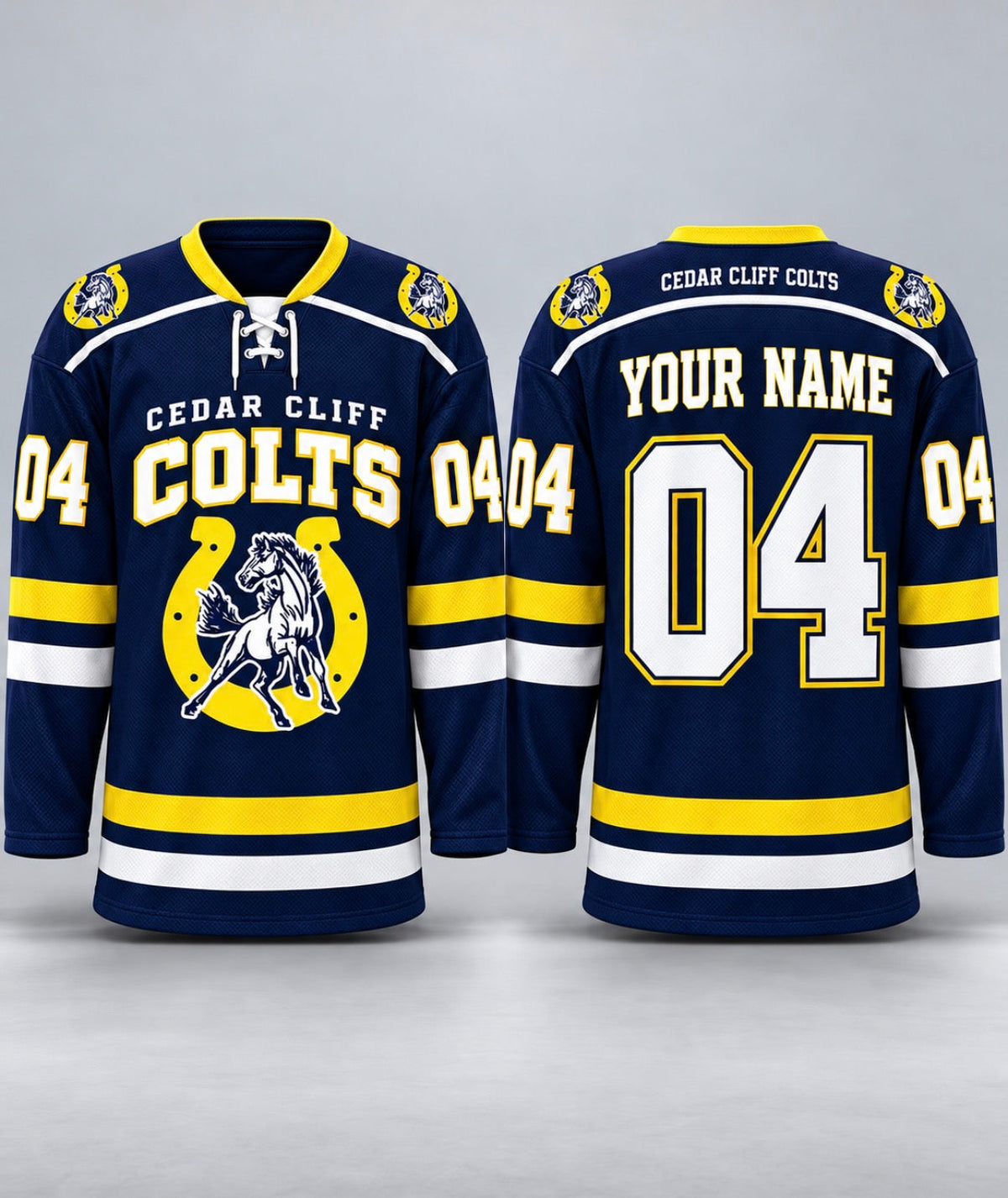 Cedar Cliff Colts navy, yellow and white hockey jersey front and back