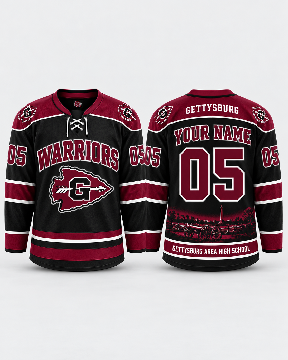 Gettysburg Warriors hockey jersey front and back on soft gray