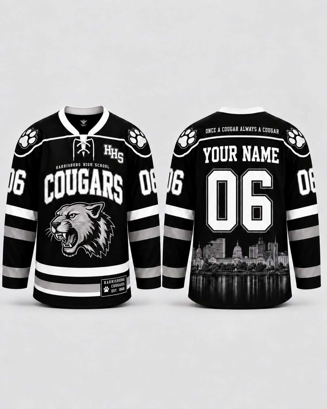 HBGSD custom hockey jersey front and back with ONCE A COUGAR ALWAYS A COUGAR slogan