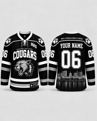 HBGSD custom hockey jersey front and back with ONCE A COUGAR ALWAYS A COUGAR slogan