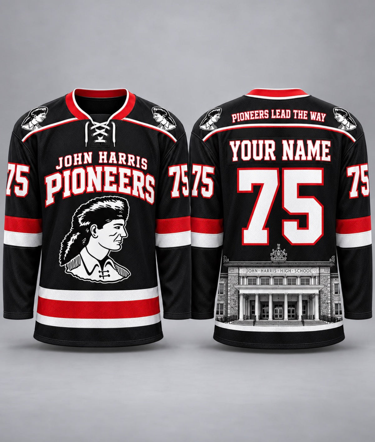 John Harris Pioneers black red and white hockey jersey front and back