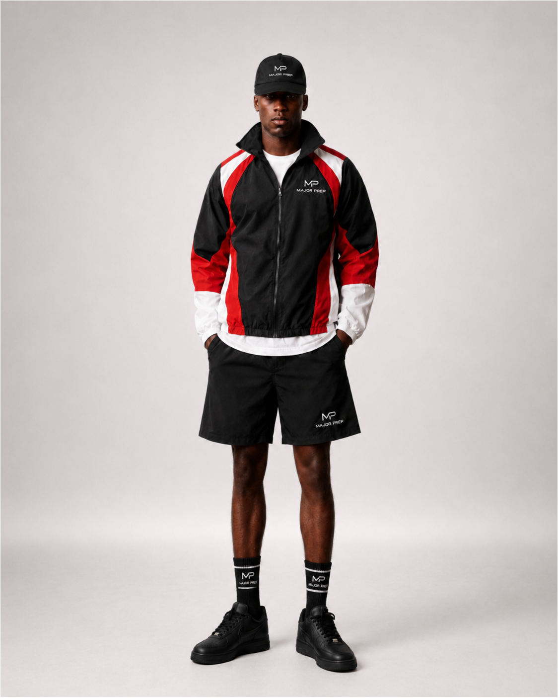 Trail Blazer Set -- full kit flat lay, hat, shirt, jacket, shorts and socks
