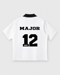 MAJOR Soccer Jersey in White with Black, back, studio product flat lay