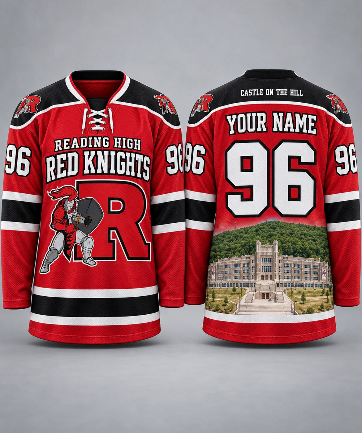 Reading High Red Knights hockey jersey front and back