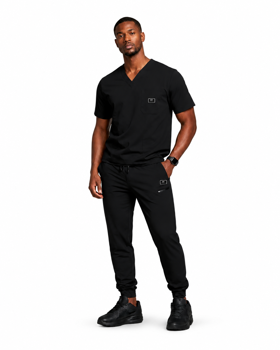 Men Scrub Set - Black on a clean white studio background